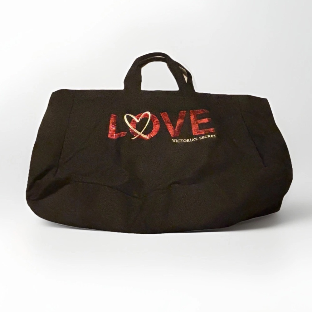 Victoria's Secret Large Black Canvas Tote with Red Sequin LOVE Logo